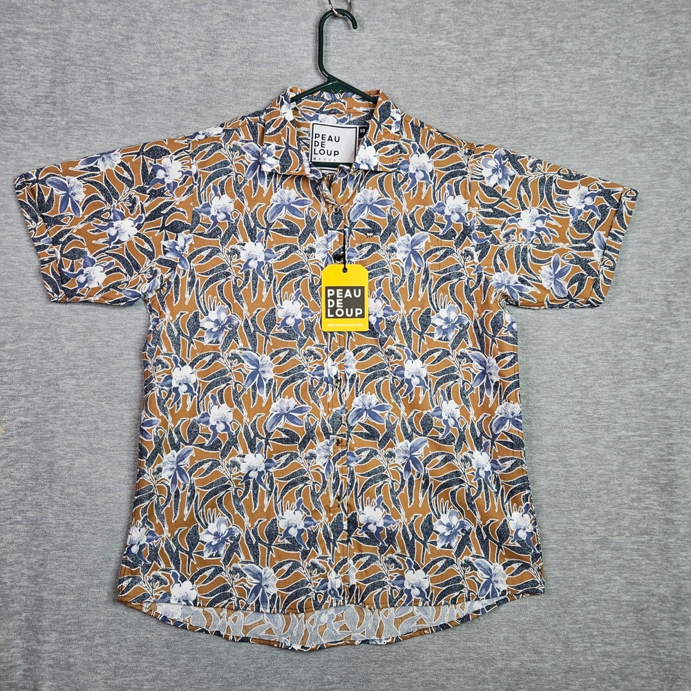 Peau De Loup Mens 14 Floral Upcycled Cotton Short Sleeve Button Down Shirt Tan
